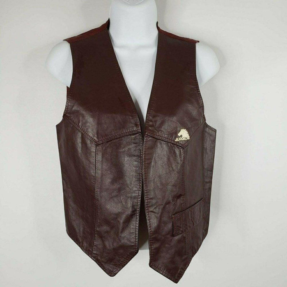 Vintage 80s Jordache Genuine Brown Leather Open Front Vest S Horse Logo Unisex